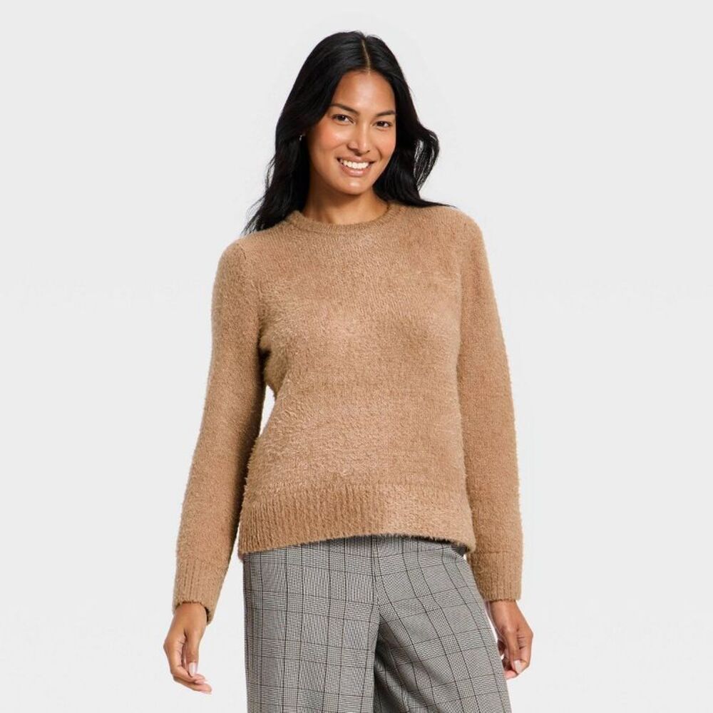 Women's Fuzzy Pullover Sweater - A New Day Brown S